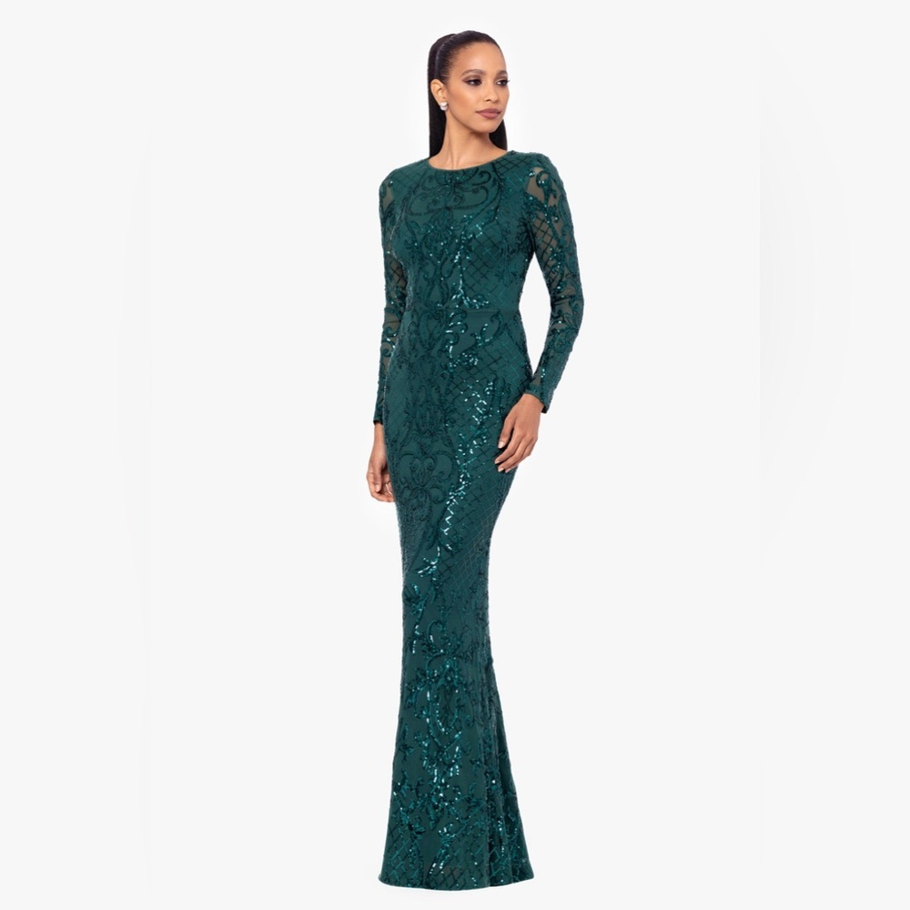 Betsy & Adam Emerald Green Long Sleeve Sequin Lace Maxi Dress